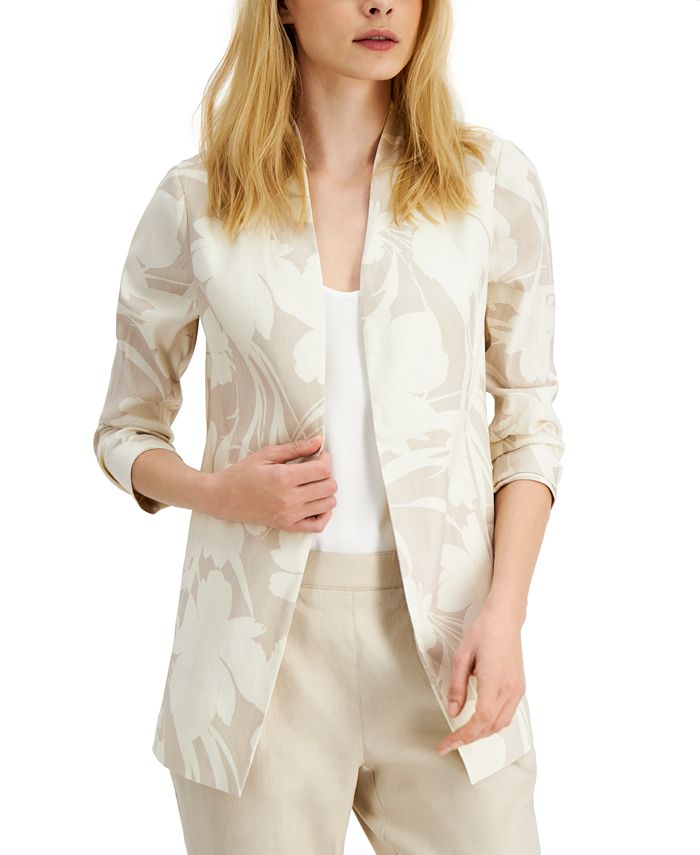 Alfani Women's Floral Print 3/4 Sleeve Blazer Beige Size Large