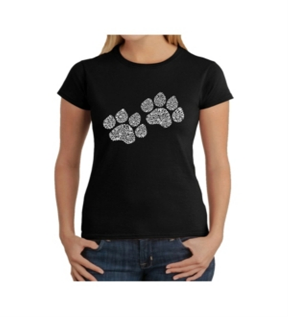 LA Pop Art Women's Woof Paw Prints T-Shirt Black Size Medium