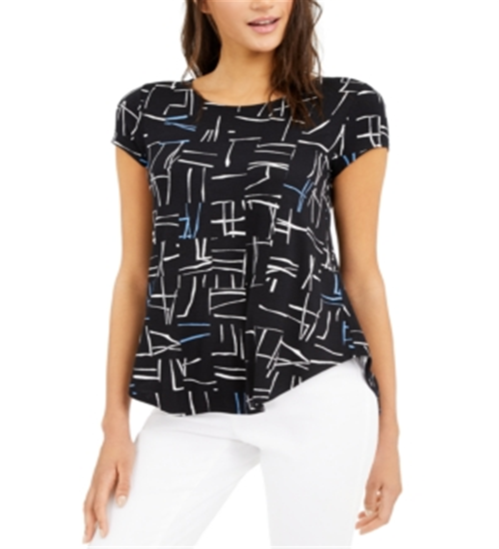 Alfani Womens Printed Short Sleeve Multi Small Knit Top Black Size Small