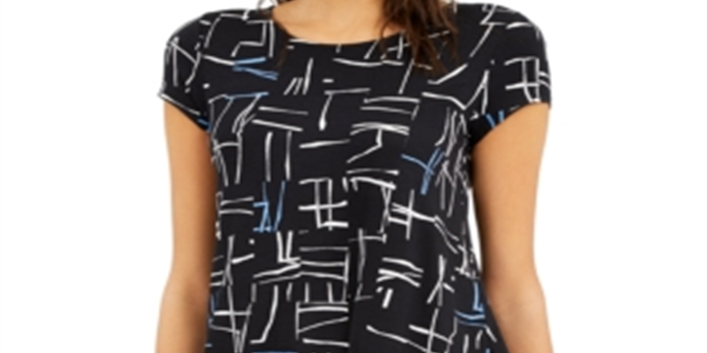 Alfani Womens Printed Short Sleeve Multi Small Knit Top Black Size Small