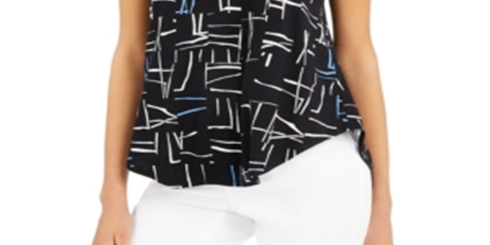 Alfani Womens Printed Short Sleeve Multi Small Knit Top Black Size Small