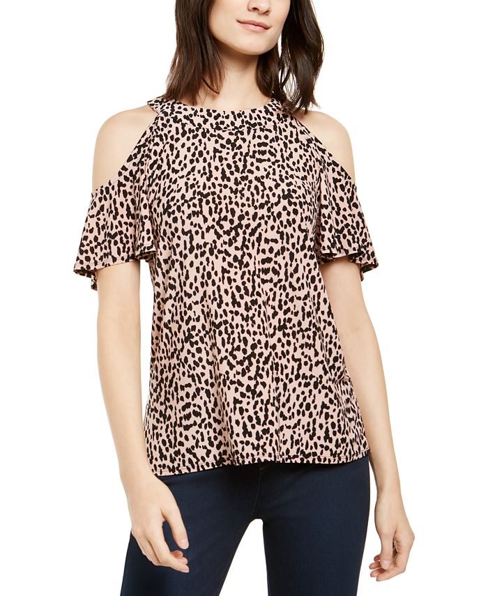 INC International Concepts Women's Dalmation Printed Cold Shoulder Blouse Pink Size Small