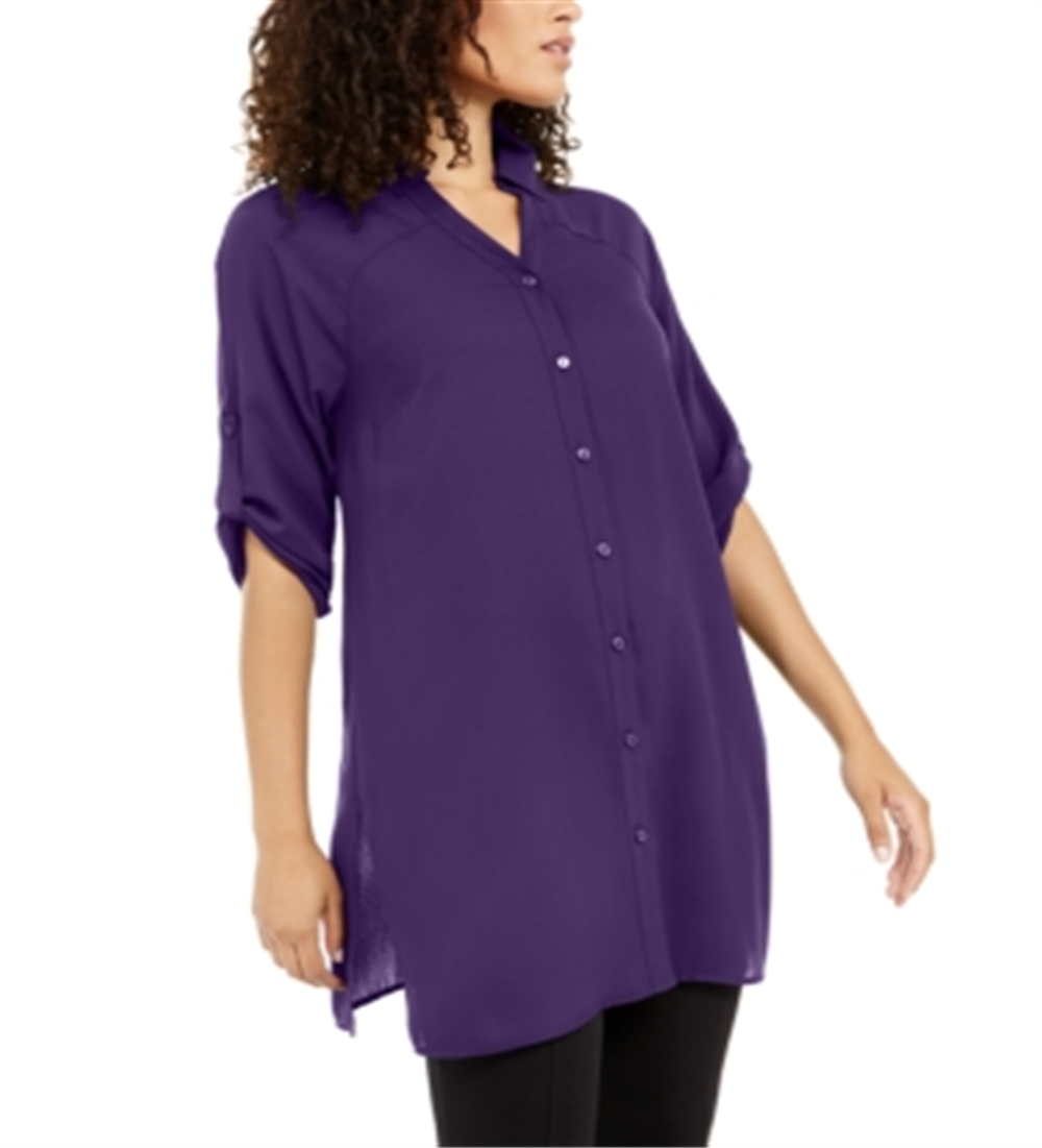 Alfani Women's Imperial Tunic Button up Shirt Dark Blue Size Large
