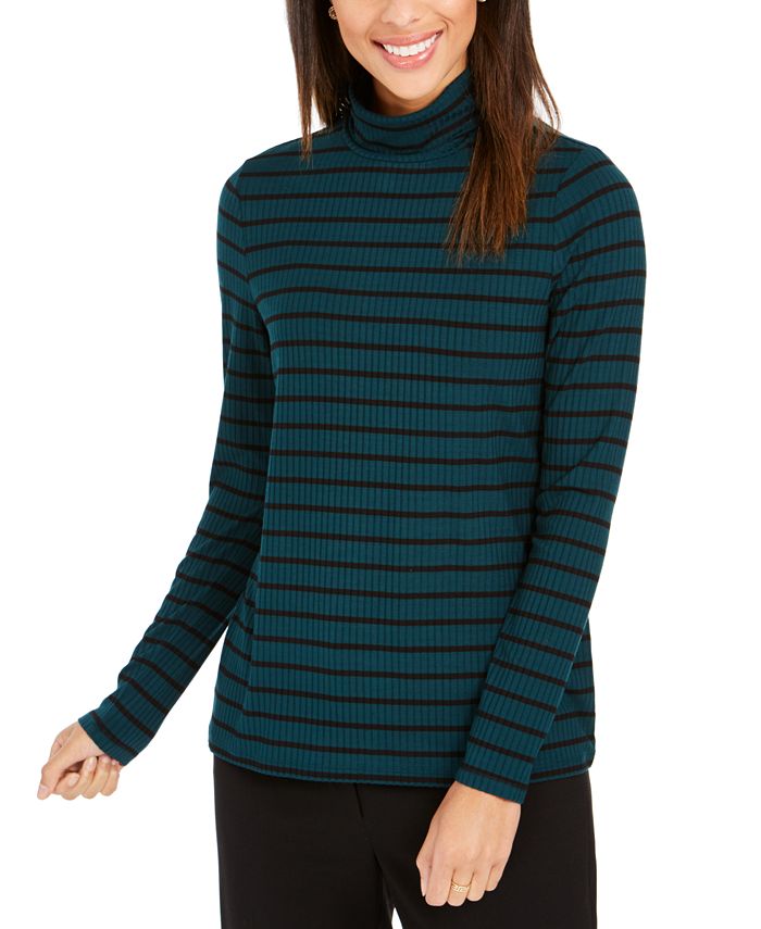 Charter Club Women's Striped Turtleneck Top Green Size X-Small