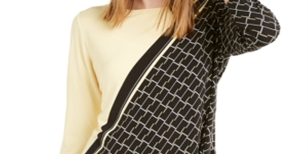 Alfani Women's Color Block 3/4 Sleeve Jewel Neck Top Yellow Size X-Large