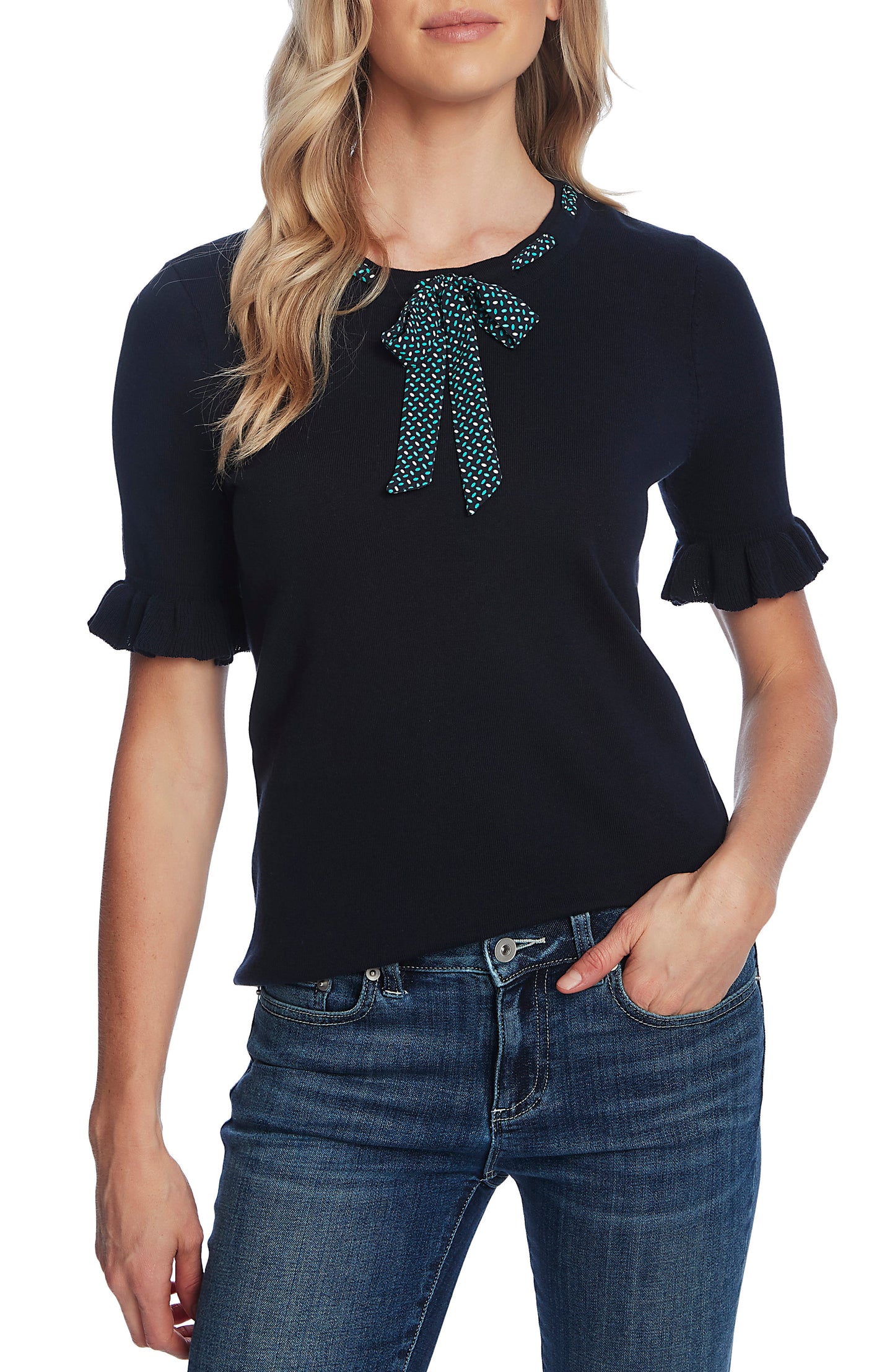 CeCe Women's Ruffle Sleeve Tie Neck Sweater Black Size Medium