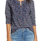 Lucky Brand Women's Floral Long Sleeve Collared Tunic Top Blue Size Large