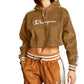 Champion Women's Corduroy Cropped Hoodie Brown Size Large