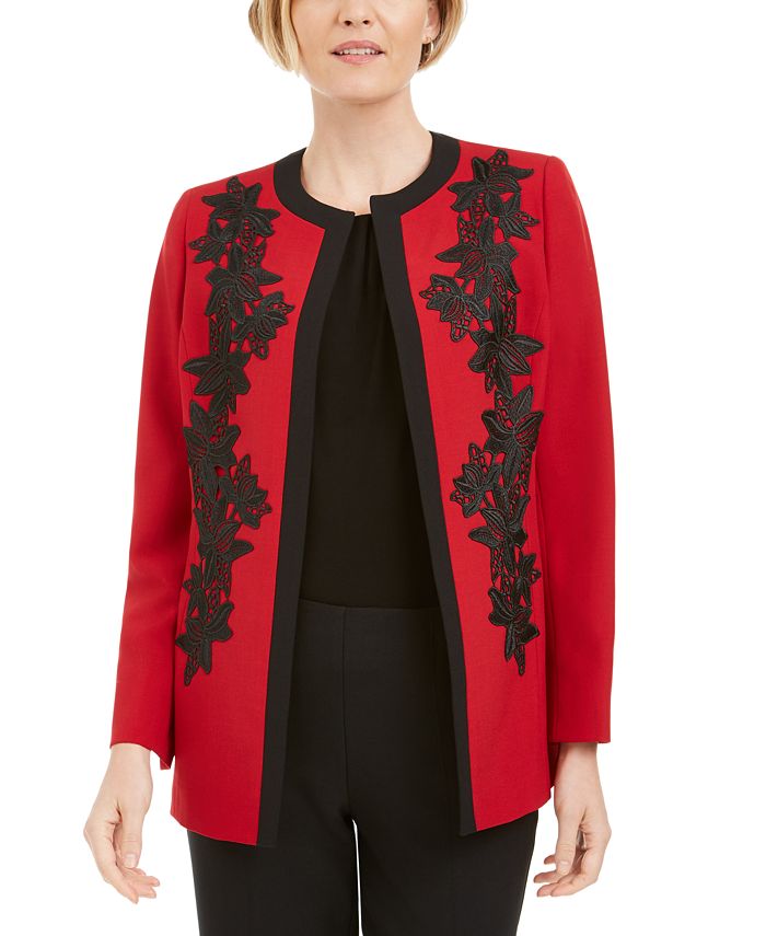 Kasper Women's Lace Trim Open Front Topper Jacket Red Size 10