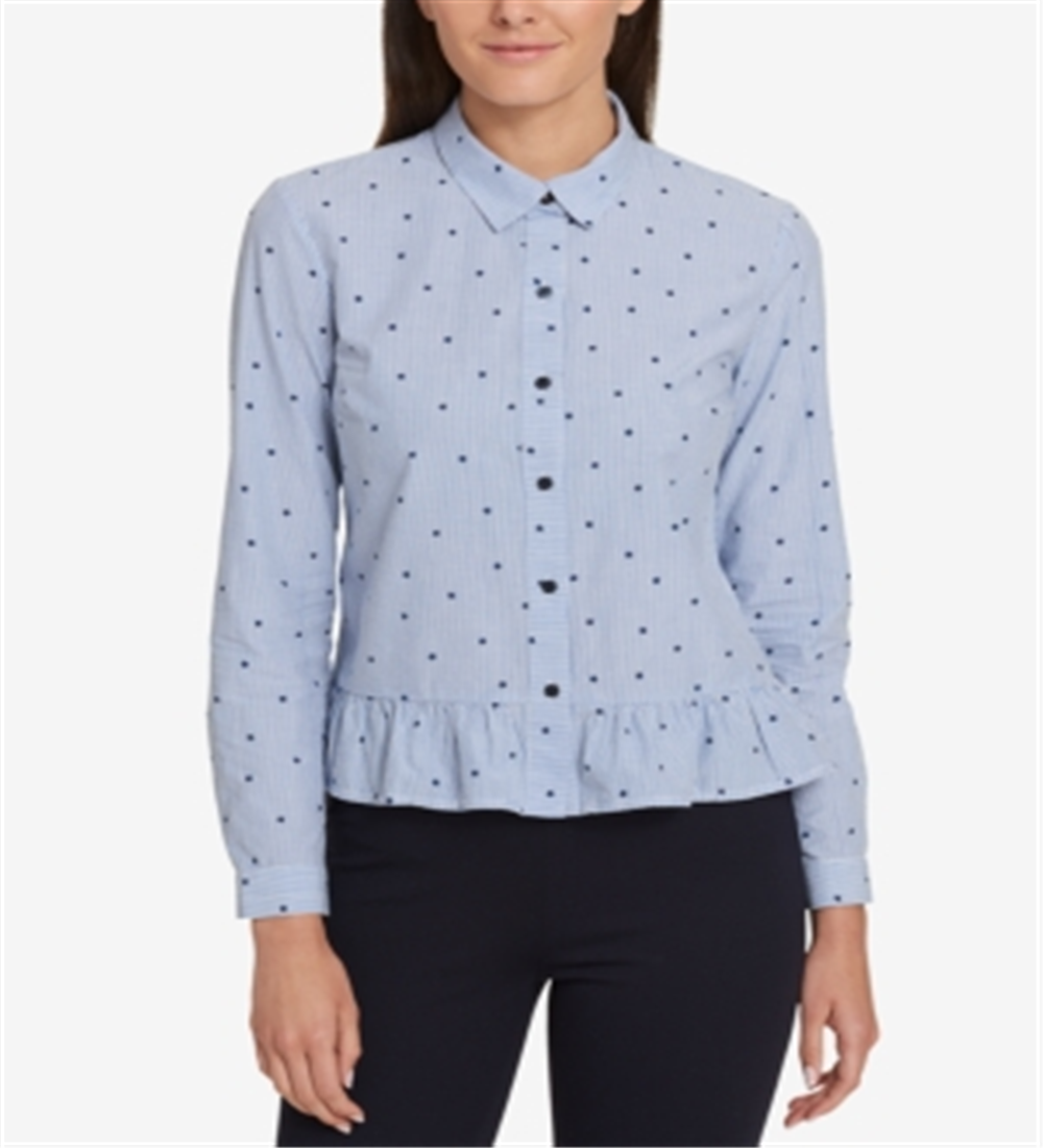 Tommy Hilfiger Women's Peplum Long Sleeves Blouse Blue Size L