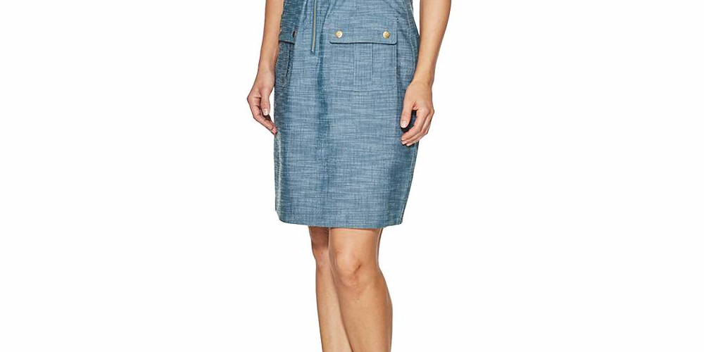 Sharagano Women's Sleeveless Chambray Spread Collar a Line Dress Blue Size 8