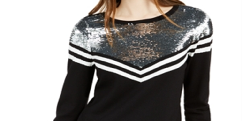 Bar III Women's Sequin-Yoke Chevron Sweater Gray  Size Large