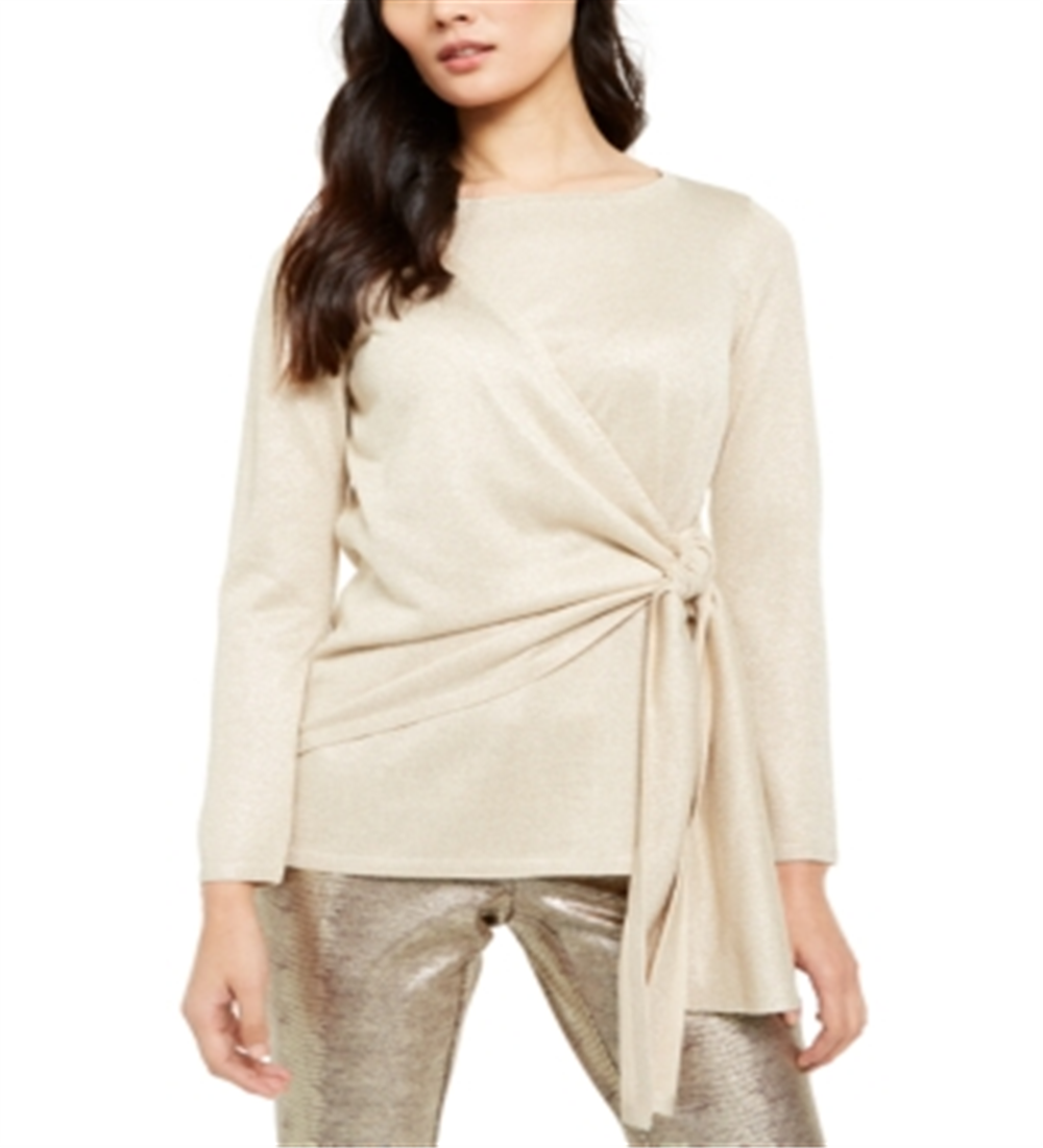 Alfani Women's Tie Waist Shimmer Sweater Gold Size M