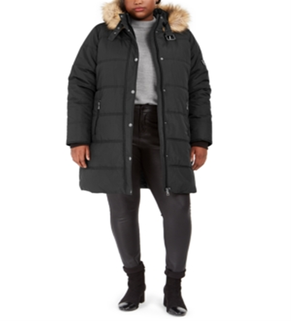 Maralyn & Me Women's Juniors' Plus Size Faux-Fur-Trim Hooded Puffer Coat Black Size 1X