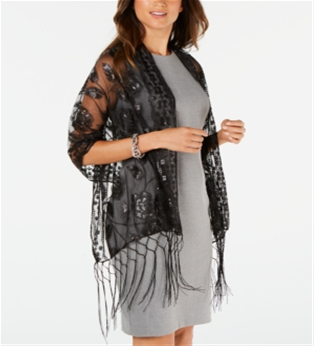 INC International Concepts Women's Floral Sequin Mesh Wrap Black Size Regular