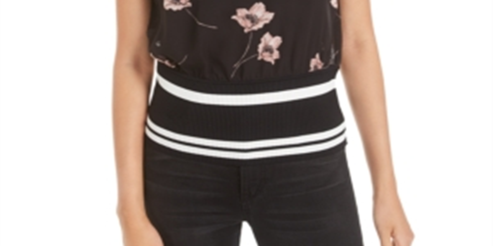 Bar III Women's  Semi-Sheer Floral-Print Top Black  Size Large