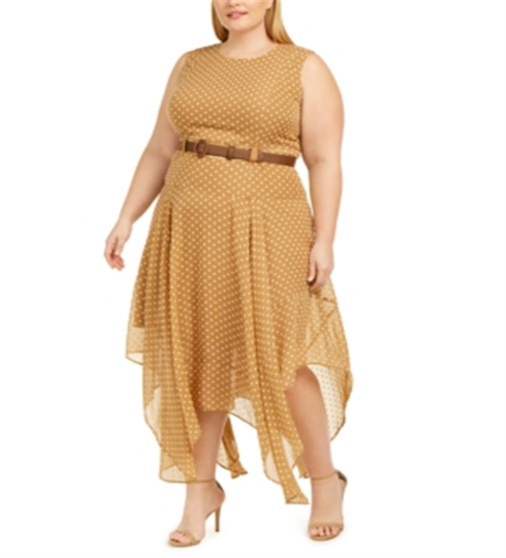 Calvin Klein Women's Plus Belted Printed Handkerchief Hem Dress Brown Size 24W