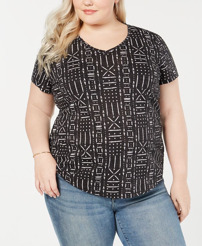 Style & Co Women's Cotton Printed V Neck Top Black Size 0X