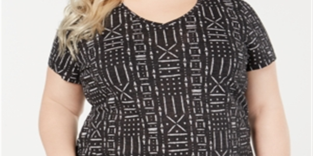 Style & Co Women's Cotton Printed V Neck Top Black Size 0X