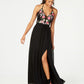 Nightway Women's Embroidered Floral Sleeveless V Neck Maxi Sheath Evening Dress Black Size 14 Petite