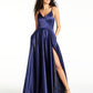 B Darlin Women's Slitted Spaghetti Strap V Neck Full-Length Formal Fit Flare Dress Juniors Blue Size 9-10