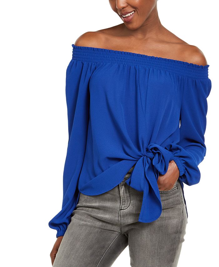 Michael Kors Women's Twilight Tie Front Off the Shoulder Blouse Blue Size L