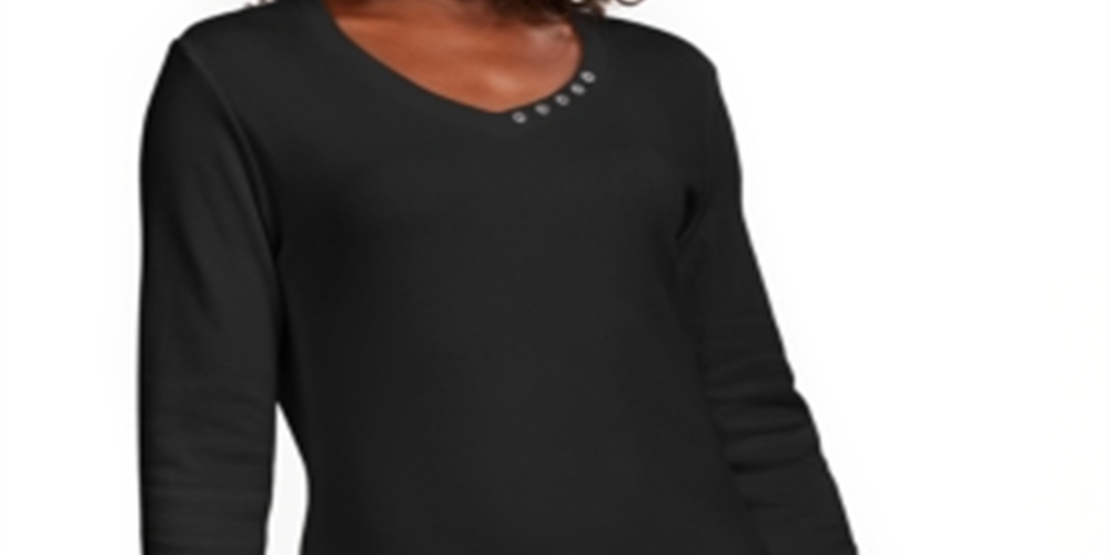 Karen Scott Women's Grommet Neck Cotton Top Black Size Small