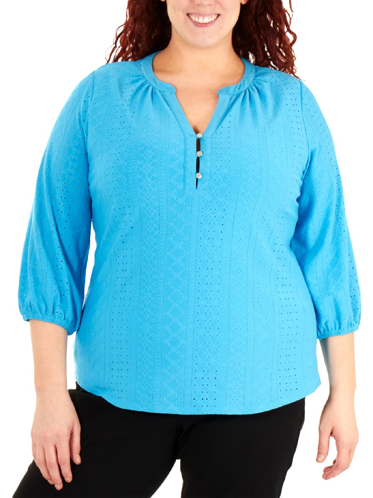 NY Collection Women's Plus Size 3/4 Sleeve Mandarin Collar Top Blue Size 1X