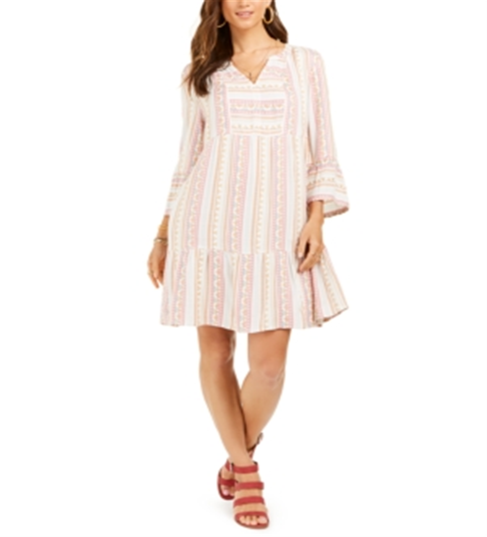 Style & Co Women's Printed Bell Sleeve Dress Pink Size Small