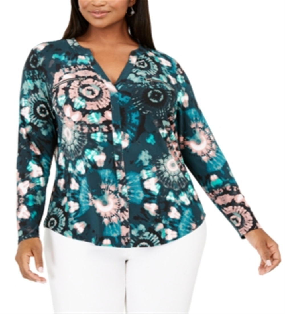 INC International Concepts Women's Printed Split Neck Top Green Size 0X