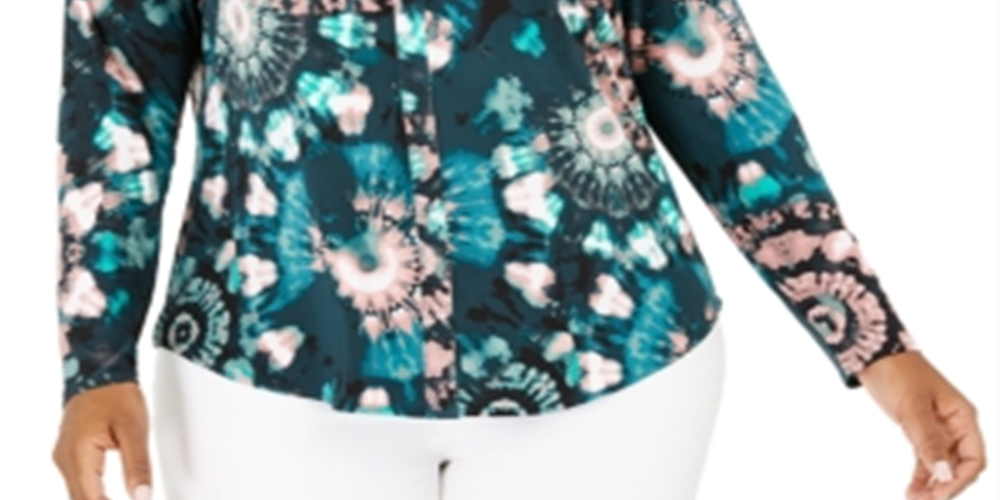 INC International Concepts Women's Printed Split Neck Top Green Size 0X
