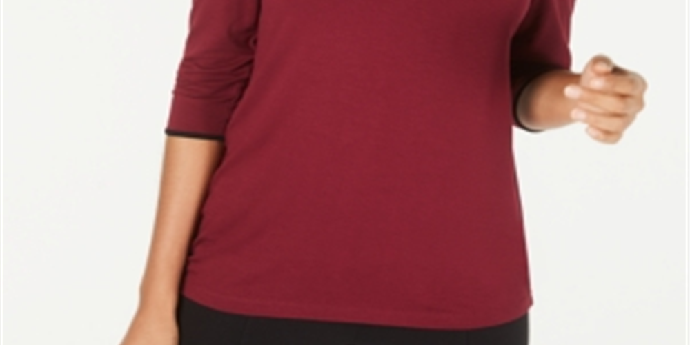 Alfani Women's Piped 3/4 Sleeve T-Shirt Wine Size L