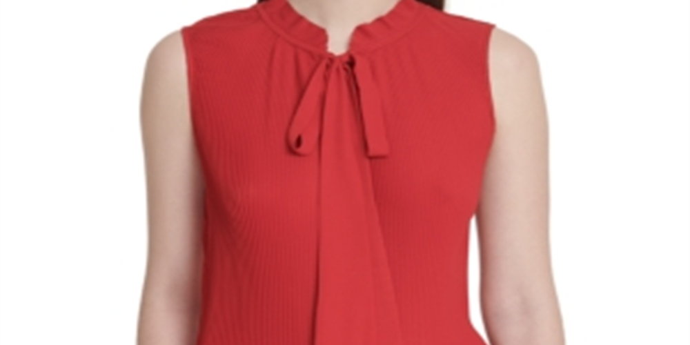 DKNY Women's Tie Neck Pleated Top Red Size X-Small