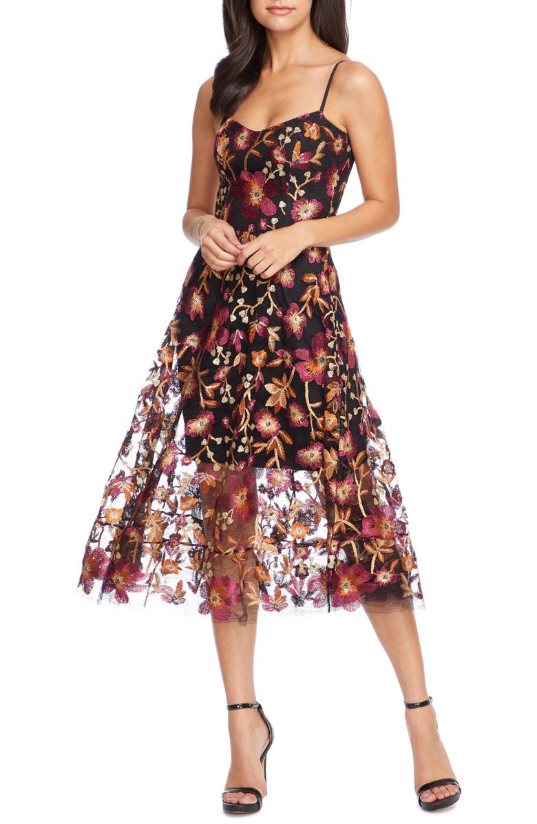 Dress The Population Women's Uma Embroidered Tulle Fit & Flare Dress Black Size M