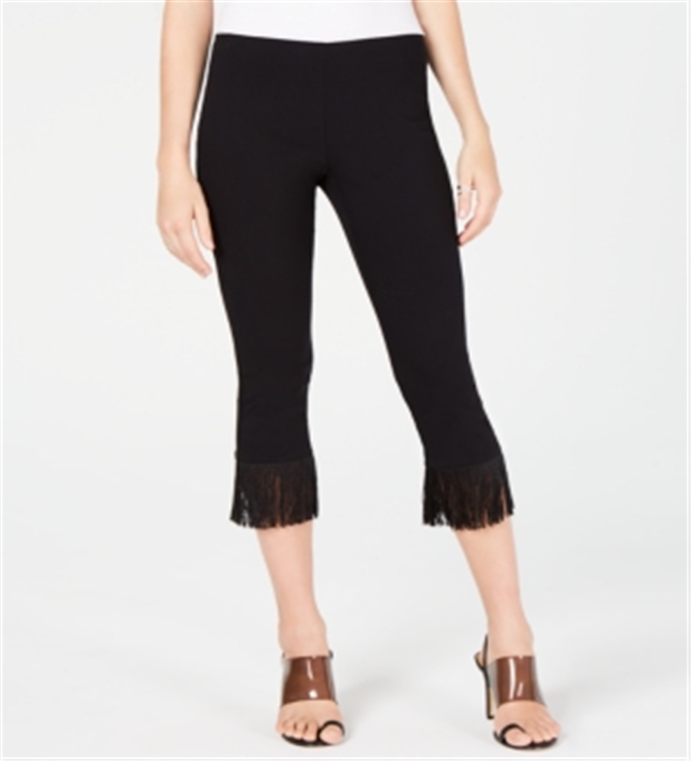 INC International Concepts Women's Fringe Trim Cropped Stretch Dress Pants Black Size 14