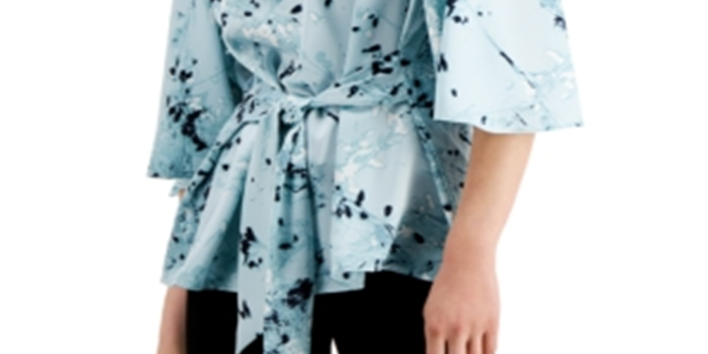Alfani Women's Floral Print Tie Front Blouse Blue Size Medium