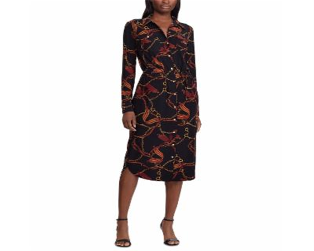 Ralph Lauren Women's Printed Cuffed Collared Tea Length Shirt Dress Black Size Small