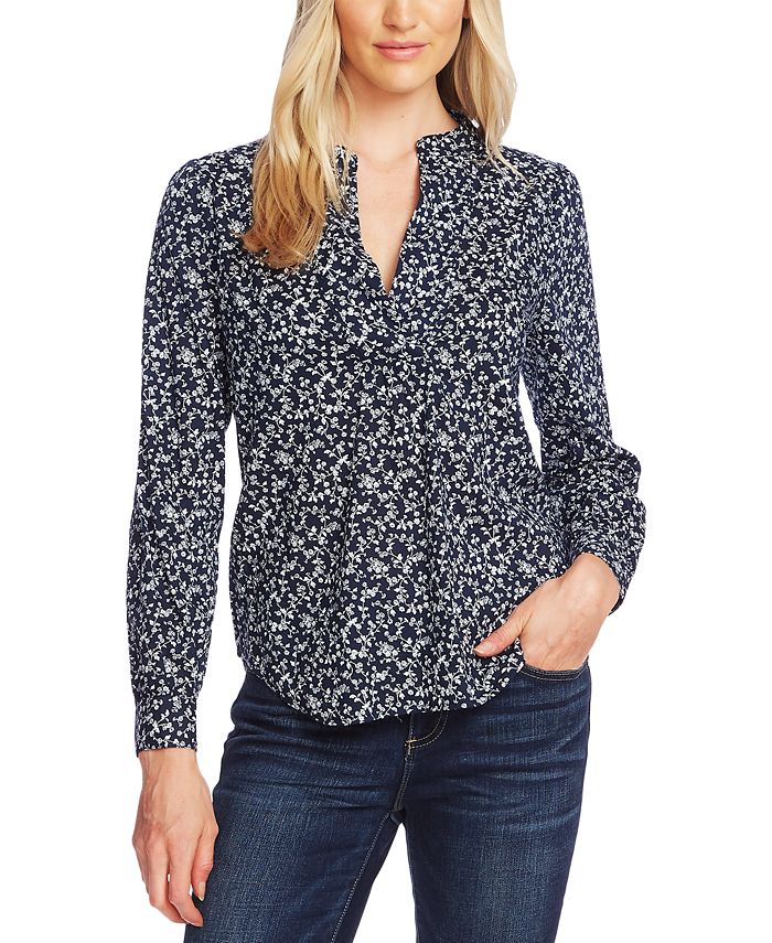 Vince Camuto Women's Long Sleeve Ditsy Vines Split Neck Blouse Blue Size Small