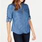 Michael Kors Women's Zippered 3/4 Sleeve Collared Top Blue Size X-Lage