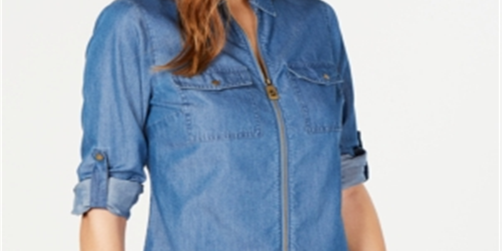 Michael Kors Women's Zippered 3/4 Sleeve Collared Top Blue Size X-Lage