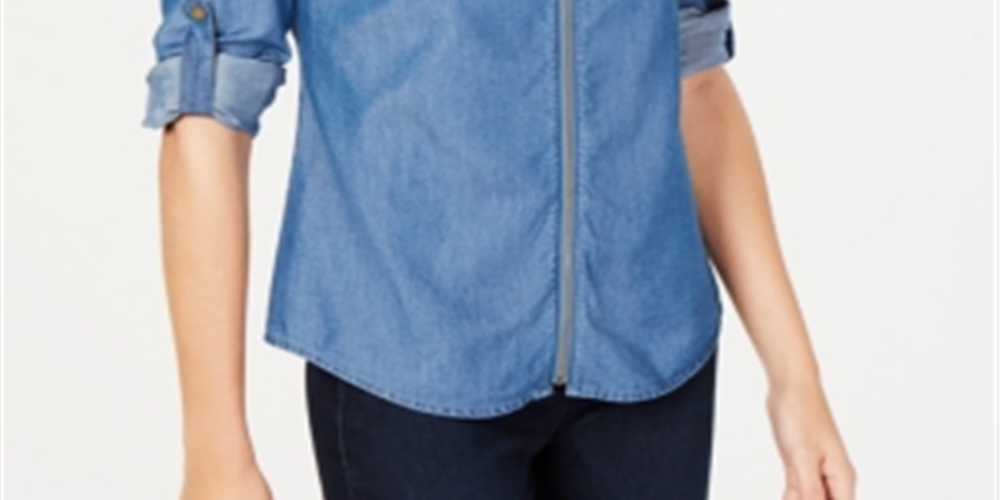 Michael Kors Women's Zippered 3/4 Sleeve Collared Top Blue Size X-Lage