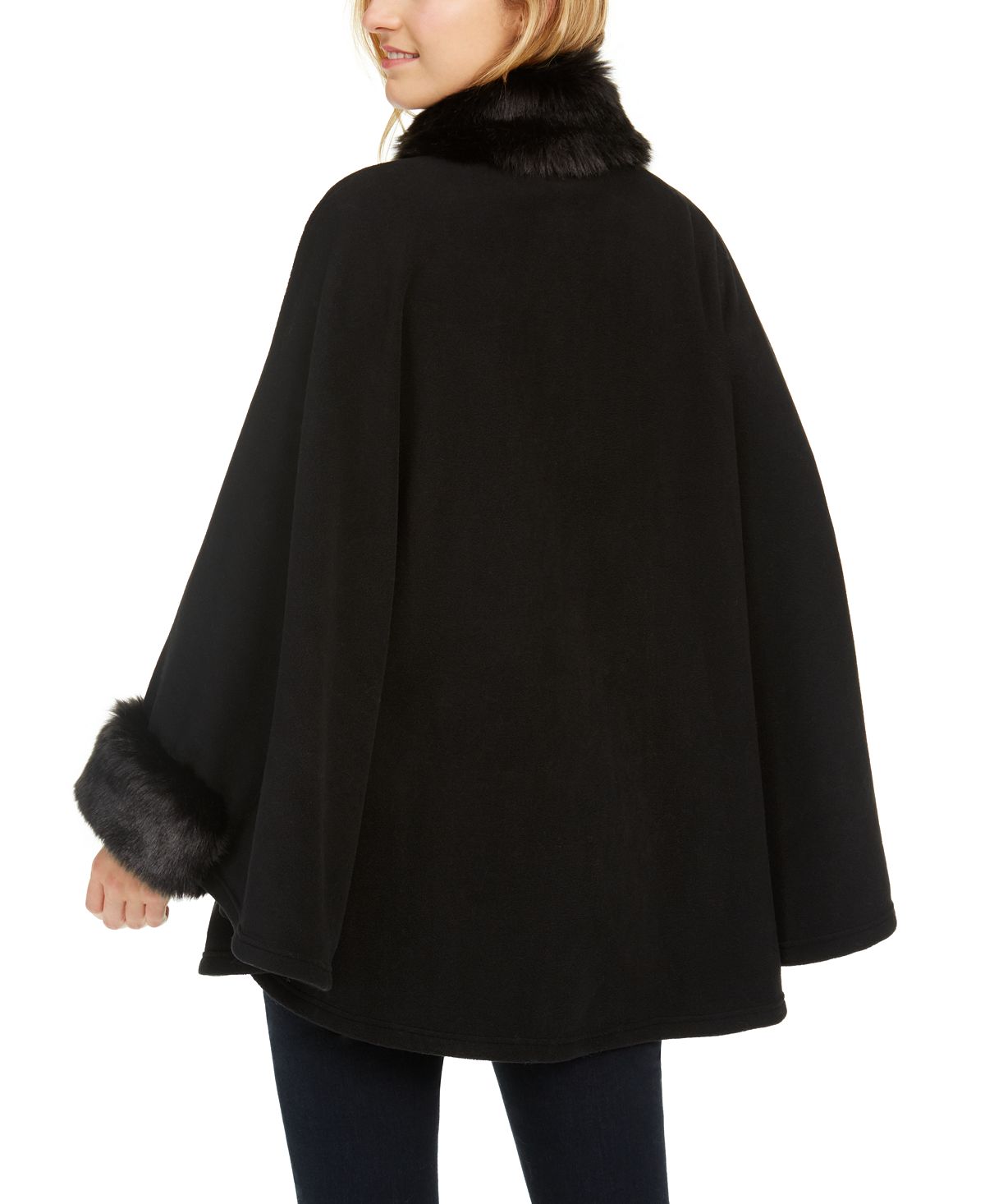 Cejon Women's Lux Fleece Cape with Faux Fur Trim Coat Black Size -L/XL