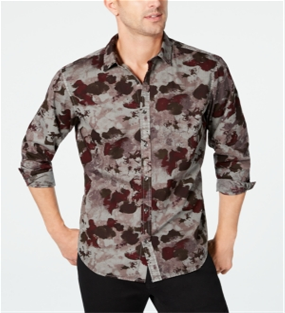 INC Men's Shirt Button Down Watercolor Camo Longsleeve Gray Size Small
