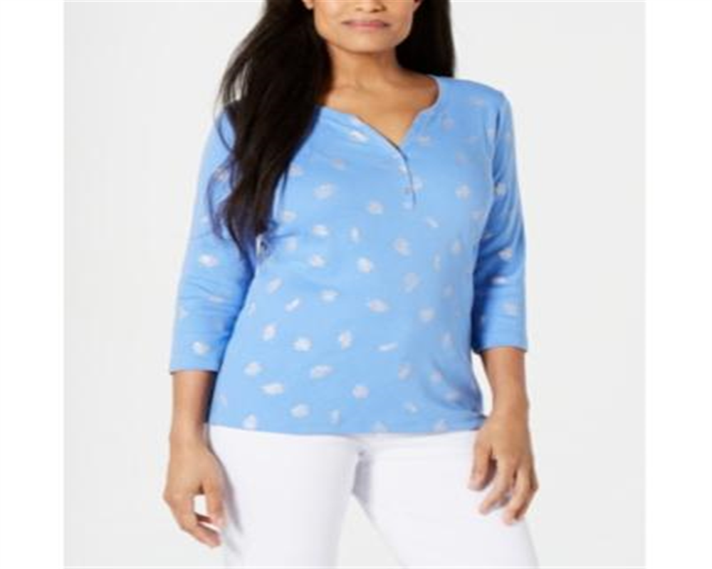 Karen Scott Women's Printed Henley Top Blue Size X-Small