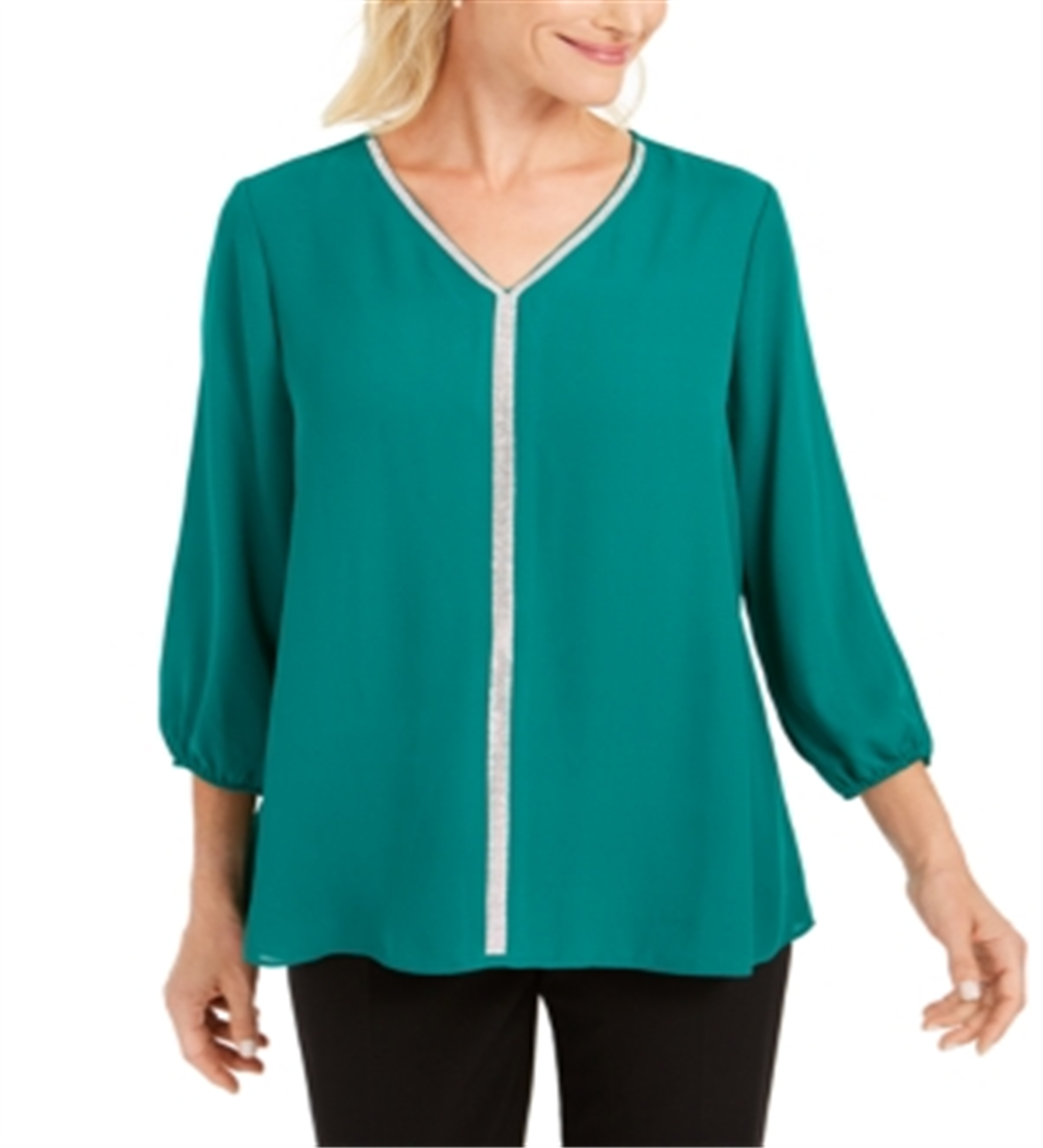 JM Collection Women's Jeweled Tiered-Hem Blouse  Green Size XS