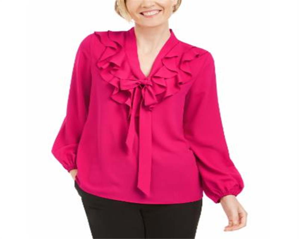 Kasper Women's Long Sleeve Tie Neck Blouse Pink Size Petite Medium