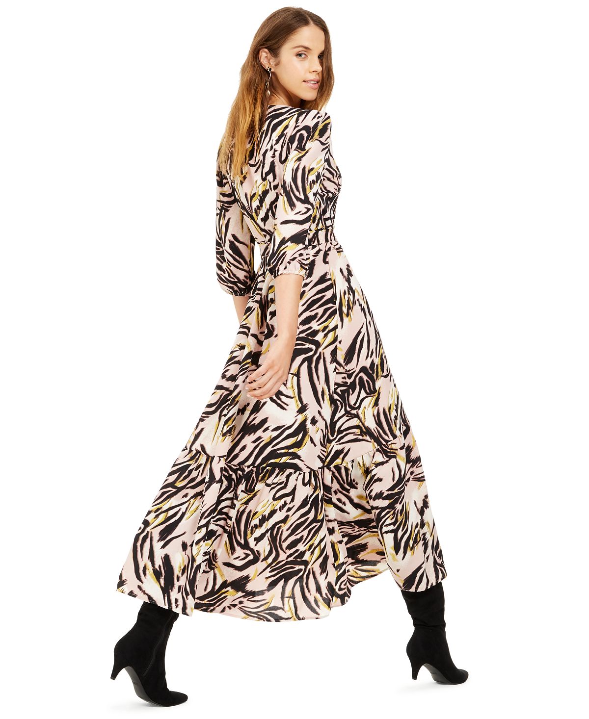 Bar III Women's Animal Print 3/4 Sleeve V Neck Maxi Wrap Dress Pink Size XXS