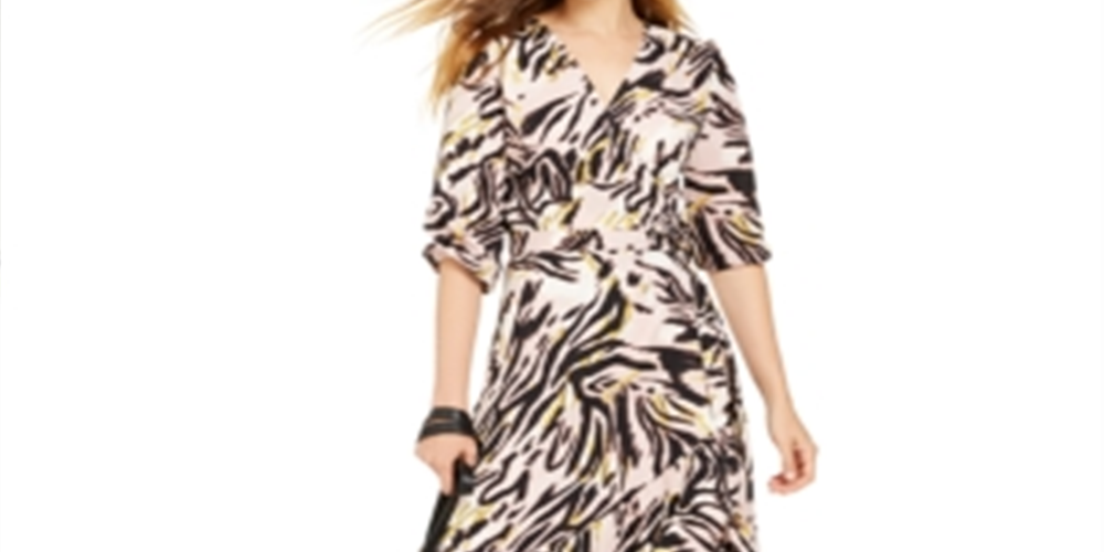 Bar III Women's Animal Print 3/4 Sleeve V Neck Maxi Wrap Dress Pink Size XXS