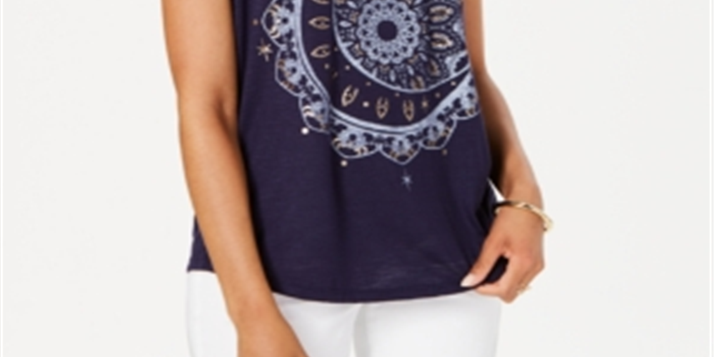 Style & Co Women's Graphic T-Shirt Blue Size Petite