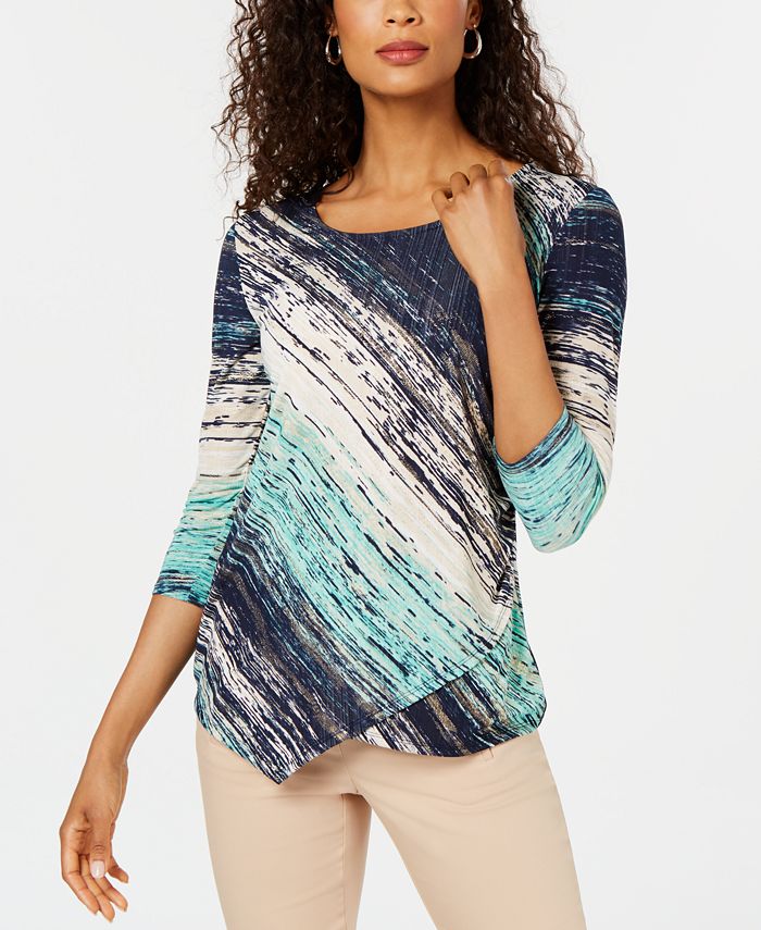 JM Collection Women's  Printed Asymmetric Top  Blue Size Large